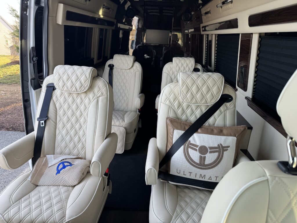 A view of all the available seating in the luxury van.