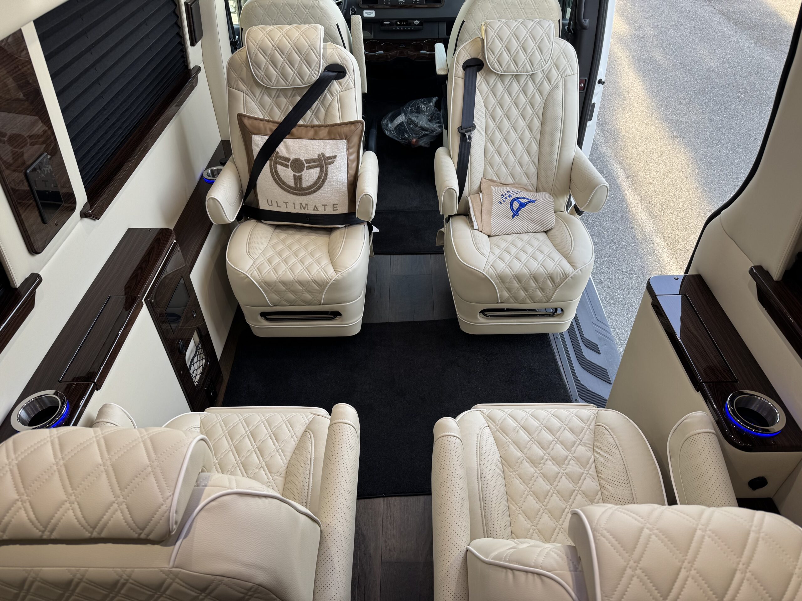 The luxury van's seats have been positioned to face one another.